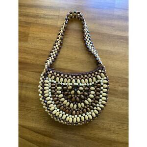 Vintage Wooden Beaded Crescent Shaped Bag Natural 90s Y2K EUC Small Purse Boho